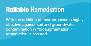 Reliable Remediation With the addition of microorganisms highly effective against soil and groundwater contamination in "bioaugmentation," remediation is assured.