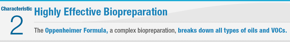 Characteristic 2 Highly Effective Biopreparation The Oppenheimer Formula, a complex biopreparation, breaks down all types of oils and VOCs.