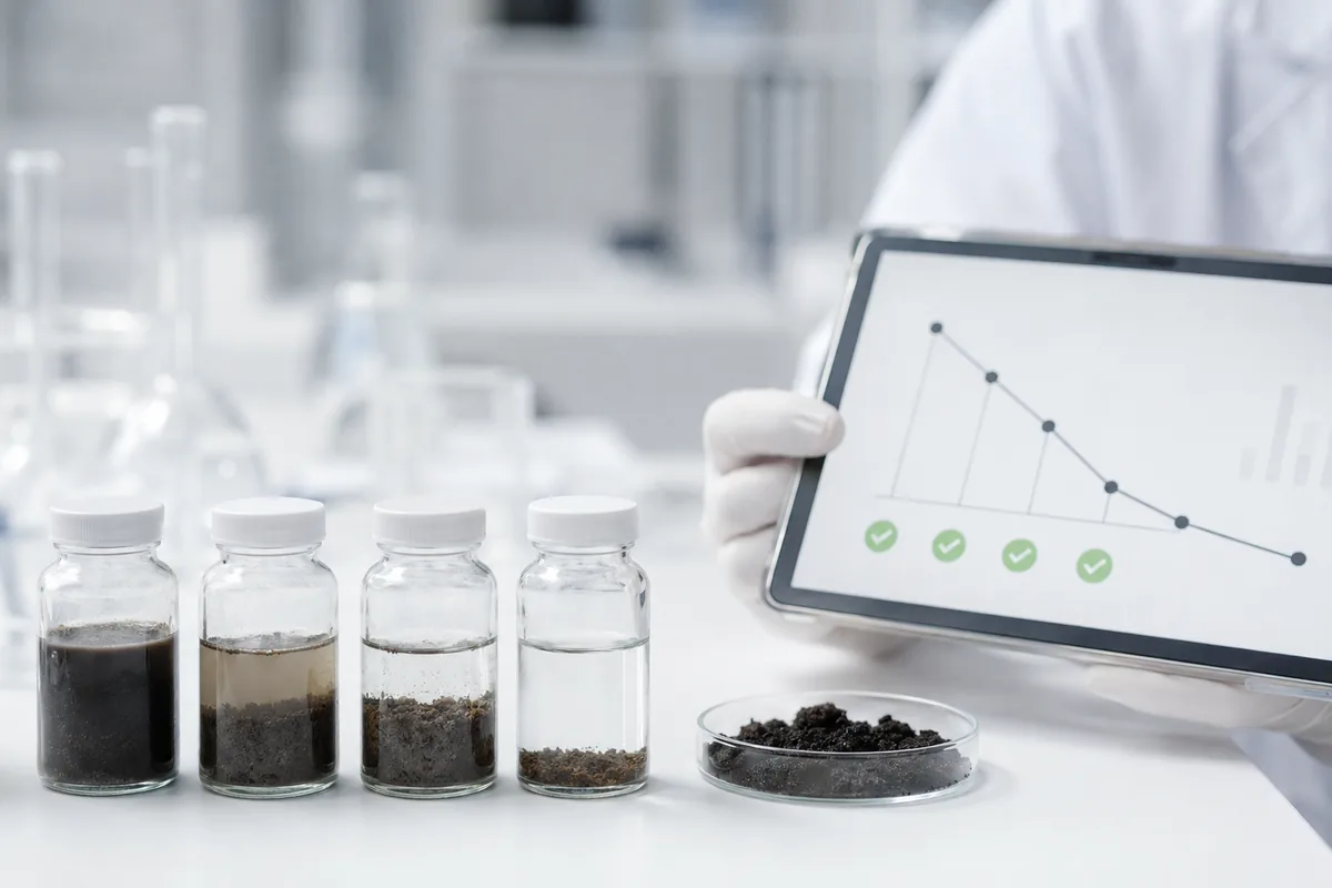 Vials showing progressive purification of contaminated soil, with monitoring data
